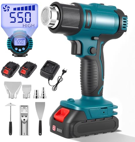 Secador de aire caliente con batería, pistola de aire caliente con batería, calentamiento rápido hasta 550°C, control de doble temperatura, con pantalla LCD, 5 boquillas y 2 raspadores, ideal para