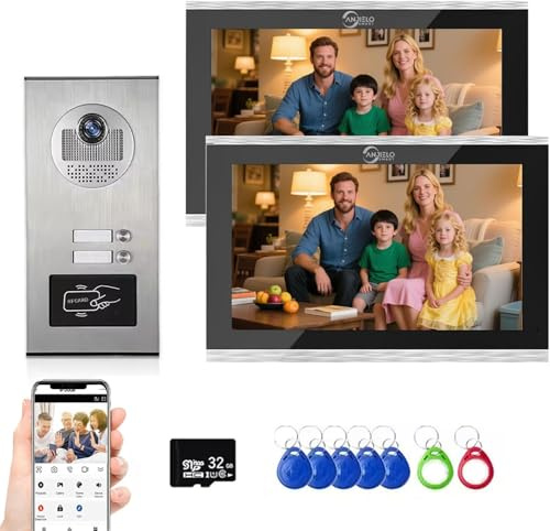 Sistema de videoportero de 4 hilos con monitor de 10 pulgadas, visión nocturna, comunicación bidireccional, apertura desde monitor/app o tarjeta magnética, timbre inteligente (para 2 viviendas)