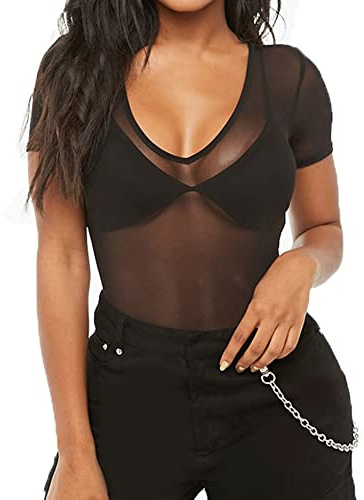 Allchic Womens Short Sleeve Sheer Mesh Tops Sexy See Through Tee Blouse Clubwears (V Neck Black II, X-Large)