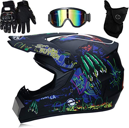 Gmuret Casco de Motocross Profesional para niños Adultos, Casco de Motocicleta Todoterreno de Motocross con Gafas Protectoras, Guantes, máscara de Montar