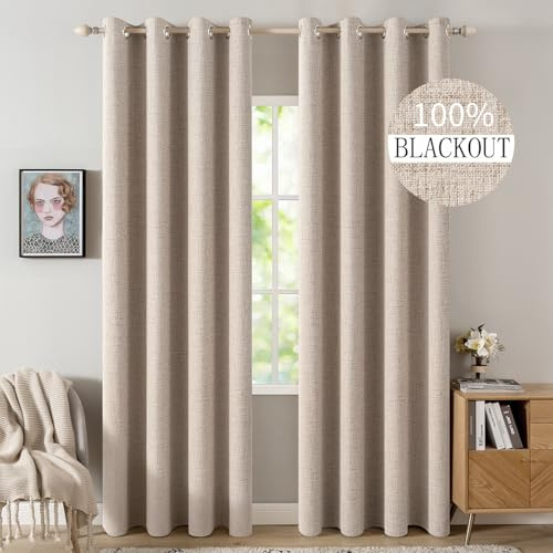 MIULEE 90 Inches Linen Textured Curtains for Bedroom 100% Blackout Thermal Insulated Natural Beige Grommet Room Darkening Curtains & Drapes Luxury Decor for Living Room Nursery 52 x 90 Inch (2 Panels)