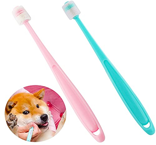 DQITJ 2 Pcs 360-Degree Small Dog and Cat Toothbrush, Bristle Diameter 0.51, Soft Silicone Deep Pet Teeth Cleaning Kit (Colors May Vary)