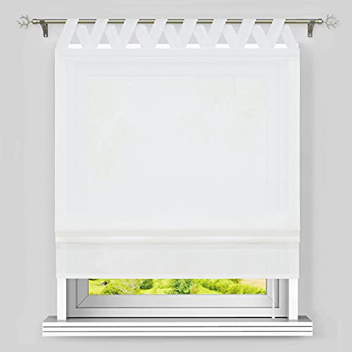 Heichkell Raffrollo mit V-Schlaufen Blickdicht Raffgardine Wohnzimmer Einfarbige Fensterstores Schlaufenrollo Leinen Faltenrollo Verdunklung Weiß BxH 80x140 cm