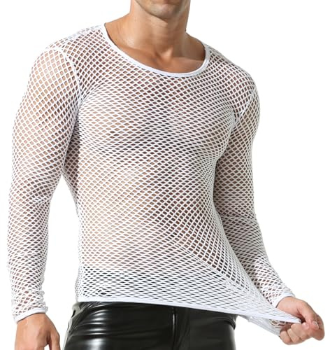 QiaTi Nätfisknät för män, transparent, långärmad t-shirt, muskel, transparenta skjortor, långärmad, mesh, undertröja, A#vit, M
