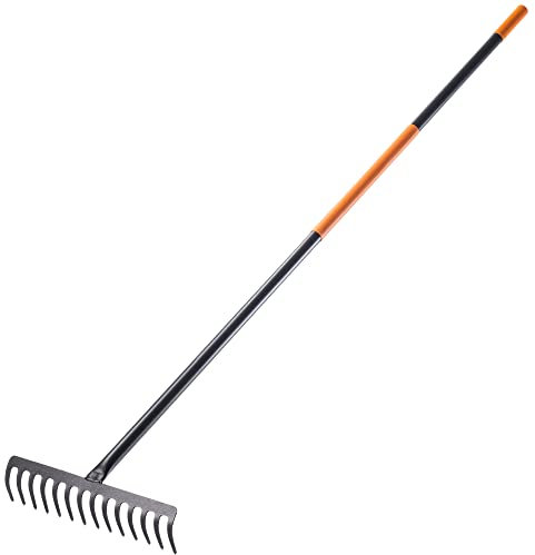 KADAX Rechen, Gartenharke aus Metall, breite Harke mit 154,5 cm langem Metallstiel, Gartengerät zum Jäten, düngen, Gartenrechen für Rasen und Blätter (Rechteckig 14 Zinken)