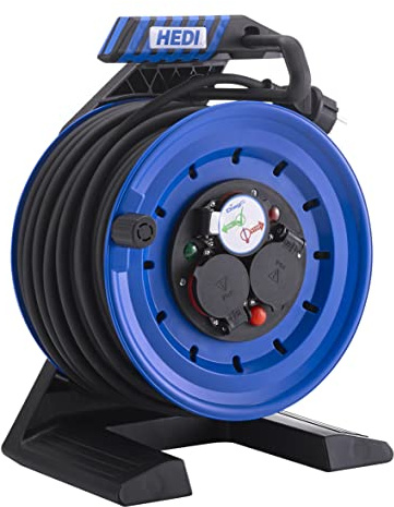HEDI Vollkunststoff-Kabeltrommel Generation 7 Companion (Kabeltrommel-ø 250 mm, 50 m Gummi-Leitung H05RR-F 3G1,5 in schwarz, 3-fach Schutzkontakt-Steckdose 250 V) K7B50GTF