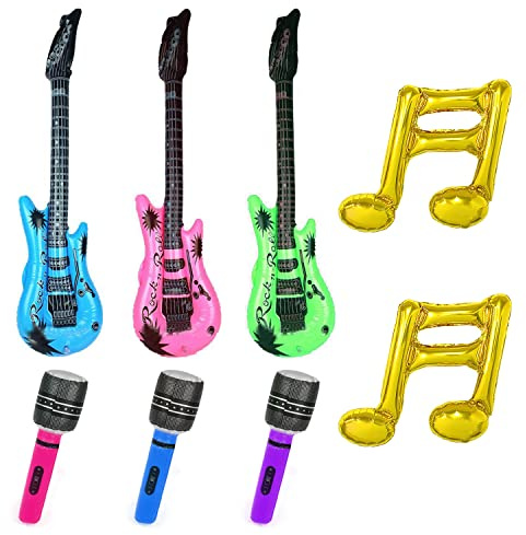 8 accessoires de fête d'instruments de musique. 3 guitares gonflables, 3 microphones gonflables, 2 ballons à notes. Accessoires de fête sur le thème du rock pour les fêtes d'enfants adultes
