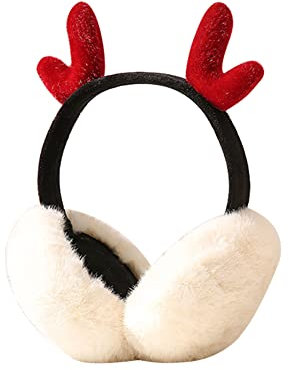 URFEDA Winter Wärmer Ohrenschützer Weiche Plüsch Ohrenwärmer Süße Rentiergeweih Ohrenschützer Weihnachten Rentier Ohrenschützer Faltbar Verstellbare Bequemer Ohrenschützer für Damen Mädchen Weiß