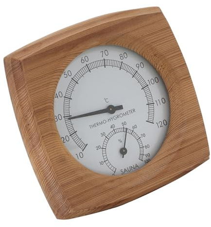 Qiilu - Termómetro higrómetro de sauna con cubo y cucharón de madera para termostato Harvia Celsius Fahrenheit 2 en 1 de madera termo higrómetro termómetro termómetro interior termómetros