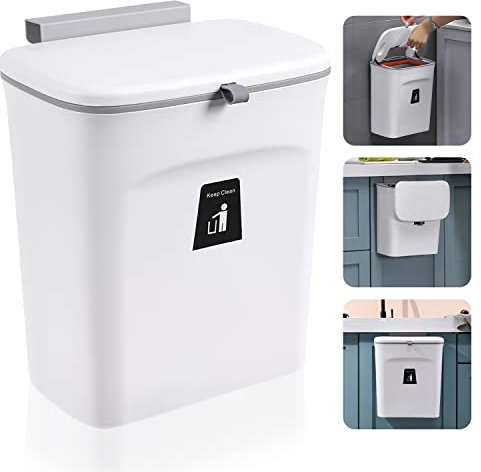 Hanging Trash Can with Lid,9L Kitchen Bin with Sliding Lid,Plastic Cupboard Bins for Kitchen,Applicable to Cabinets,Kitchen,Motorhome,Bathroom,Bedroom,Living Room,Office
