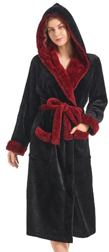 Inner Wish Women Hooded Plush Robe, Fleece Highly Absorbent Cozy Warm Bathrobe, BLACK+BURGUNDY, L/XL