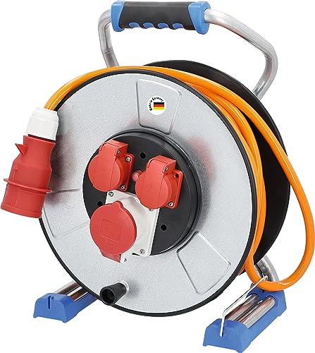 as - Schwabe IronCoat Xperts enrollacables CEE 25 m H07BQ-F 5G2,5, IP44 exterior, 2 tomas de corriente con toma de tierra y 1 toma CEE 400 V 5 polos, Interruptor térmico, Made in Germany
