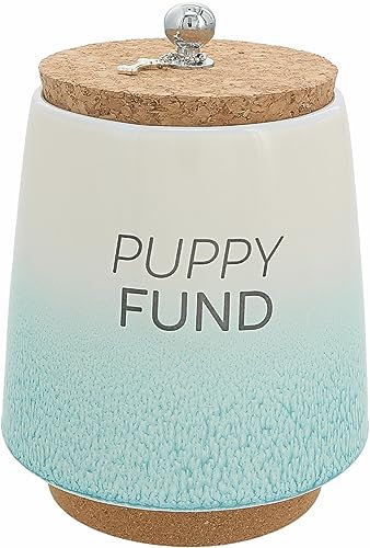 Pavilion Gift Company - Puppy Fund 6.5-inch Unique Ceramic Piggy Bank Savings Bank Money Jar with Cork Base and Cork Lid with Hanging Dog Bone Charm, Ombre Teal