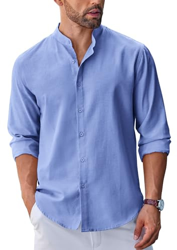 COOFANDY Men's Long Sleeve Oxford Dress Shirts Chambray Button Down Shirt Casual Band Collar Shirts,Blue,Small