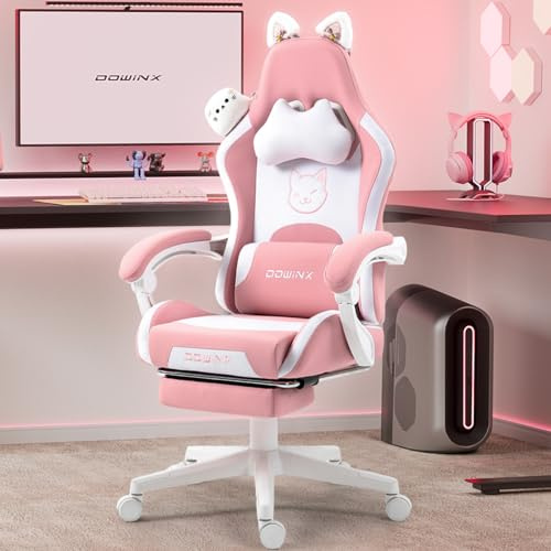 Dowinx Gaming Chair Cute with Cat Ears and Massage Lumbar Support, Ergonomic Computer Chair for Girl with Footrest and Headrest, Comfortable Reclining Game Chair 290lbs for Adult, Teen, Pink