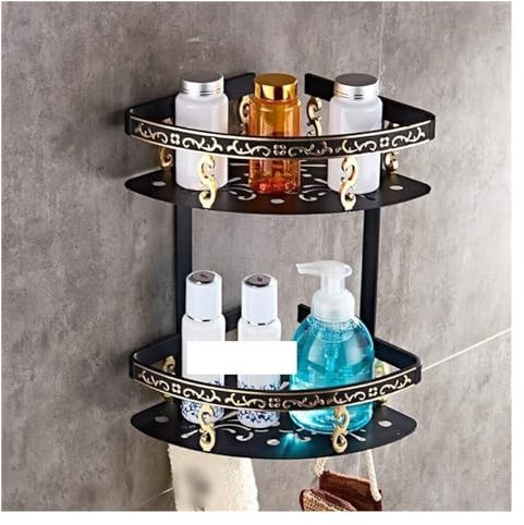 Badezimmer-Regal-Organizer, Eck-Duschwand-Caddy, Dusch-Caddys, Badezimmer-Regale, zweistöckig, Wand-Eckmontage, Aufbewahrungskorb, Rack-Halter, Haken, Platz, Aluminium, Schwarz, Badezimmer-Zubehör