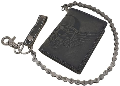 myledershop Büffel-Vollleder Geldbörse (Modell 1 / Hochformat/Vintage-Grau) | RFID & NFC Schutz, Totenkopf-Motiv, Geldbeutel, Portemonnaie, Geldtasche