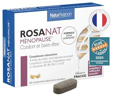 NaturAvignon Rosanat complément alimentaire menopause et pré-ménopause - bouffées de chaleur, fatigue, irritabilité - complexe menopause traitement Bien-être Femme sans hormone - 60 comprimés (1mois)
