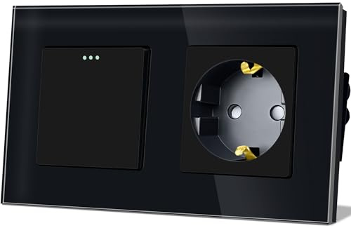 TAWOIA Lichtschalter mit Steckdose 1 Fach 1 Weg Glas Platte Unterputz Taste Schalter mit Schuko Steckdose 16 Amp 86 * 157mm Schwarz Wechselschalter
