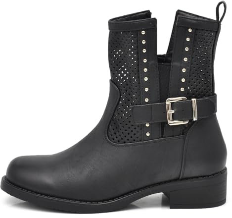 IF Fashion Stivali Stivaletti Biker Motociclista da Donna Traforato Con Fibbie Borchie Primaverili Estivi Pelle Sintetica G677 Nero N.39