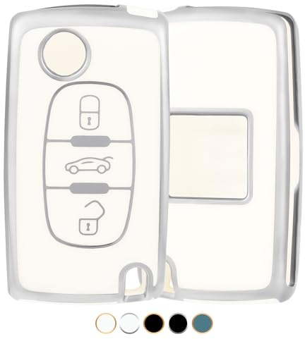 OFF WE GO Autoschlüssel Hülle Schlüsselhülle Cover für Peugeot 107 207 307 407 607 208 308 408 Schlüsselcover Schlüsselbox für Citroen C2 C3 C4 C5 C6 C8 C-Triomphe Schlüssel Schutz Gehäuse,Weiß Silber