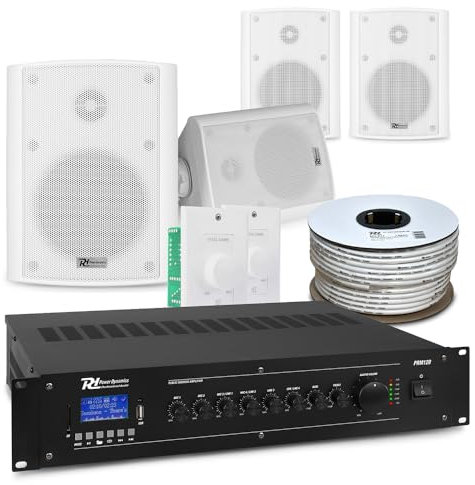 Power Dynamics Multi Zone PA System with 4 Weatherproof Wall Speakers, Bluetooth, Commercial Background Music Audio for Restaurant, Office, Shop
