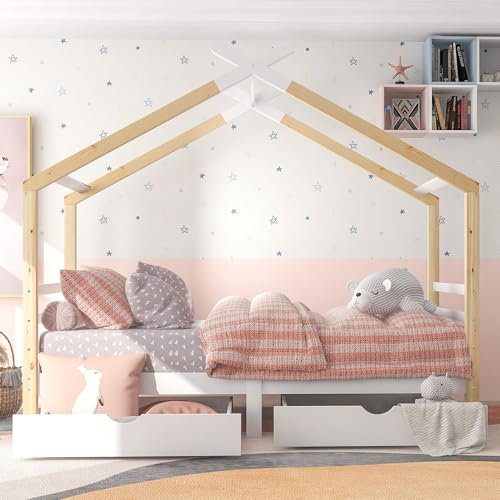 YCYDHDM Hausbett 90 x 200cm mit Stauraum, Kinderbett Einzelbett mit 2 Schubladen, Bettgestell aus Kiefernholz, Bett mit Lattenrost, Ohne Matratze, Jugendbett Holzbett für Kinderzimmer, Weiß