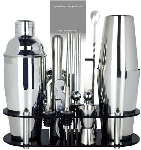 Juego de 17 coctelera de 750 ml y 750/600 ml, herramientas de bar con libro de recetas y soporte negro
