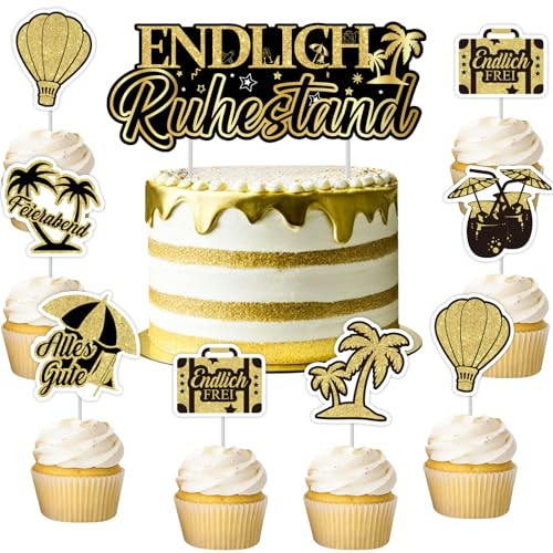 Cheereveal 13 Stück Ruhestand Cake Deko, Schwarzes Gold Endlich Ruhestand Cake Topper, Feierabend Alles Gute Cupcake Toppers, Ruhestand Thematische Party Dekorationen Zubehör für Männer Frauen