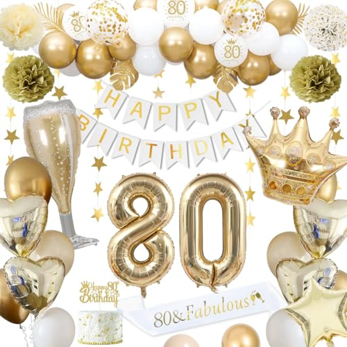 80th Birthday Decorations, Gold 80th Birthday Decorations for Men Women Gold White Balloons HAPPY BIRTHDAY Banner Number 80 Balloons Crown Star Heart Balloon Cake Topper