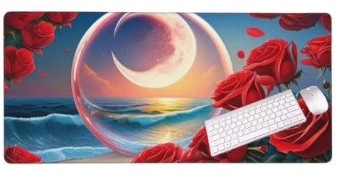 Gaming Tapis de Souris La Lune Rose Tapis Souris XXL 100 x 60 cm, Grand Tapis de Bureau sous Main avec Base en Caoutchouc Antidérapante, Tapis de Souris Gaming Accessoire, Decoration Maison S-9084