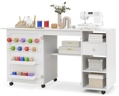 GIANTEX Nähtisch klappbar, Nähschrank auf Rollen, Nähmaschinentisch Nähtisch für Nähmaschine, Nähmaschinenschrank mit Ablageflächen & Schubladen & Garnrollenhaltern, Mehrzwecktisch Holz 146x50x78 cm