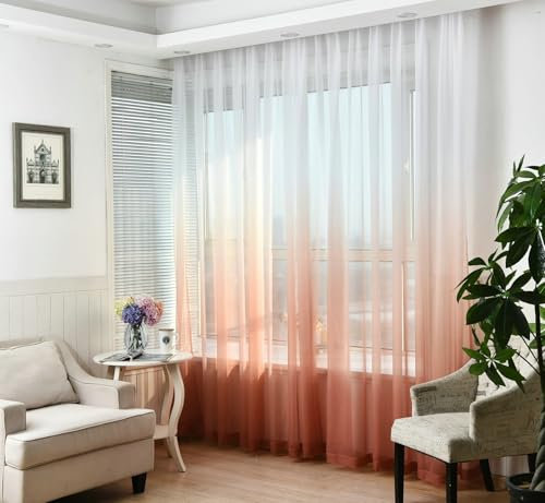 Wycian Fertiggardinen Organdy Vorhang Orange Rot 2er Pack Farbverlauf H138 x B96 cm (2er Pack) Gaze