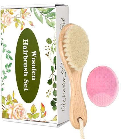 Baby Holzbürste und Kamm Set, 2 Stück Natürliche Ziegenhaarbürste mit Wiegenkappe Kamm für Neugeborene Kleinkinder Neugeborene Jungen Mädchen (Rosa)