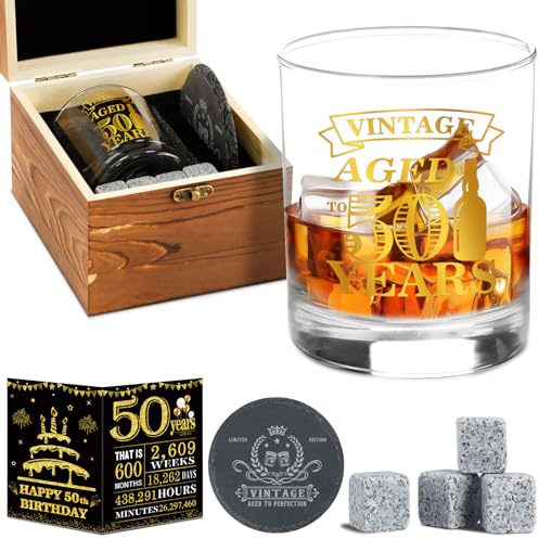 Cadeau d'anniversaire pour homme – Ensemble de verres à whisky vintage, décorations de 50e anniversaire pour homme, idée cadeau amusante pour lui, papa, homme de 50 ans – Boîte en bois, pierres à