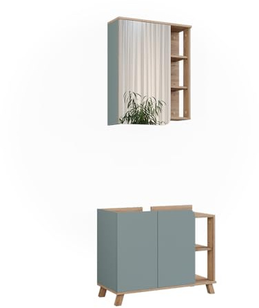 Vicco Set di mobili da bagno Karen, Sonoma/blu, 80 cm | composto da specchio da bagno e mobile sottolavabo