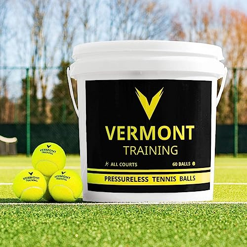 Vermont Balles d’Entraînement de Tennis – Seau de 60 | Noyau sans Pression, Durables | Adaptées à Toutes Surfaces | Idéal Clubs, Écoles et Entraîneurs