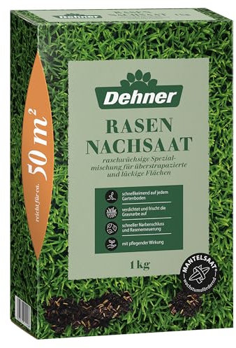 Dehner Saatgut Rasen-Nachsaat, hochwertige Rasensamen zur Regeneration geschädigter Rasenflächen, schnell keimend/pflegeleicht, mit Mantelsaat für optimalen Bodenkontakt, 1 kg für ca. 50 m²