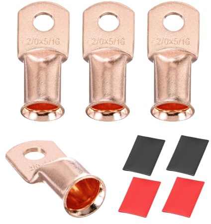 sourcing map 4pcs 2/0 AWG M8 Battery Lugs Ring Terminals, 5/16 8mm Stud Crimp Wire Terminal Connector End Copper, 3:1 Heat Shrink Tubing, Gold