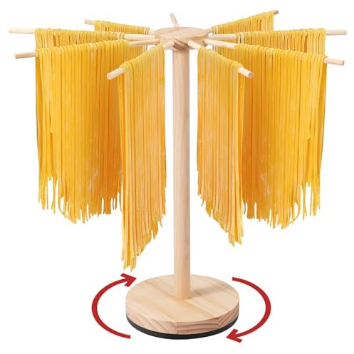 BUTORY Secador de fideos con base giratoria para secar pasta de madera con 9 asas desmontables, secadora de pasta hasta 4,5 kg, reutilizable para pasta