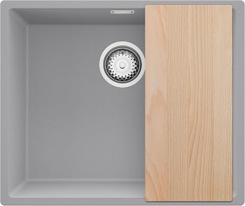 PRIMAGRAN Fregadero bajo Encimera al Mueble 60cm + Kit de desagüe, 56x47cm | Set: Kit de desagüe (sifón, válvula, rebosadero) + Tabla de Cortar + London 1 Seno para Cocina, Gris