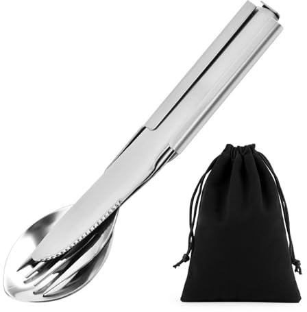 Set di Posate Portatile, 4 Pezzi Posate Da Campeggio Kit con Apribottiglie Coltello Forchetta Cucchiaio, Posate in Acciaio Inossidabile con Borsa Nera per Esterni, Picnic, Viaggio