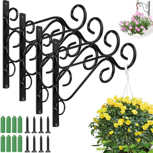4Pcs Blumenampel Halterung mit 8 Schrauben, Robuster Blumenampelhalter, Eiserner Wandhalter Haken, Garten Metall Wandhalterung für Pflanzgefäße, Vogelfütterer, Windspiele, Laternen,Duftlampen(Schwarz)