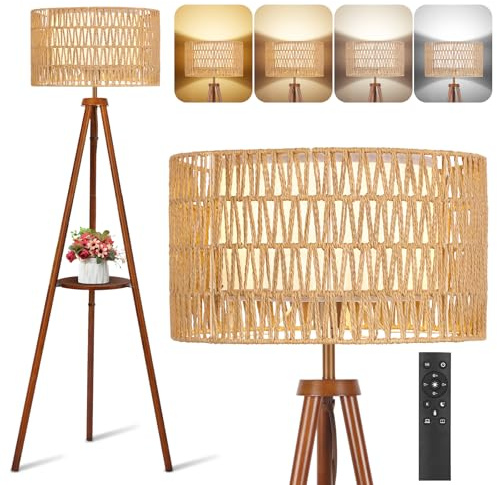 OUTON Stehlampe Holz Dreibein, Fernbedienung, 4 Farbtemperaturen, 1H Timer | Rattan, Leinen-Doppelschirmen mit Regal für Schlafzimmer, Wohnzimmer, Büro