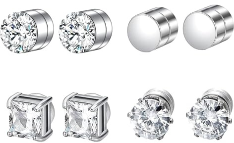 JOOTUEPO 4 Pares Pendientes Magnéticos, Sin Necesidad de Perforar, Pendientes Iman Hombre, 6 mm Pendiente Hombre Plata Diamante, Pendiente de Imán para Hombres y Mujers