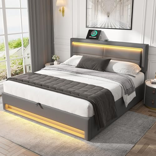 Ball & Cast Size Bed Frame with Storage & Headboard, 5ft Upholstered Ottoman Bed Frame with Charging-Port & LED-Lighting, Wooden Slatted, Linen, 150 * 200cm, Grey，(No Mattress)