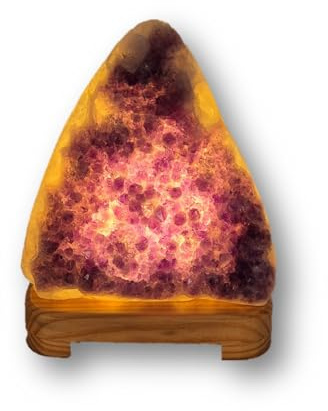 Edelsteinartikel Handgefertigte Amethyst Kristall Tischlampe, Groß, Violetter Edelstein auf Buchholzsockel, mit 2 Watt Energiesparlampe, für Raumbeleuchtung und Dekoration (Groß-360)