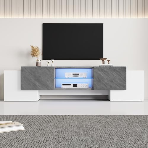 BTM TV Stand Cabient, 4 Doors, 2 open storage areas, TV Cabinet Storage Sideboard with LED lights, for livingroom bedroom, 180 * 40 * 46.5cm, White and Grey, MDF, maximum for 80 inch TV