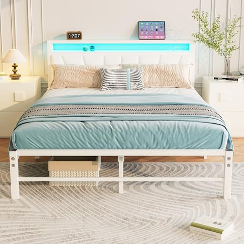 BORPHOM White Double Bed Frame with Storage and LED Lights,4ft6 Metal Platform Bed Frame Double Size Bed Base with Charging Station,Mattress Base,Strong Slats Support,Under-bed Storage,Noise Free
