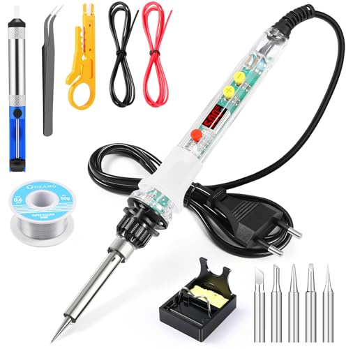 OneAmg Lötkolben Set 80W, Digitalanzeige, einstellbare Temperatur 180-500°C | Inkl. 5 Lötspitzen, Entlötpumpe, Ständer & Pinzette, Komplettset für Elektro- und Elektronikarbeiten